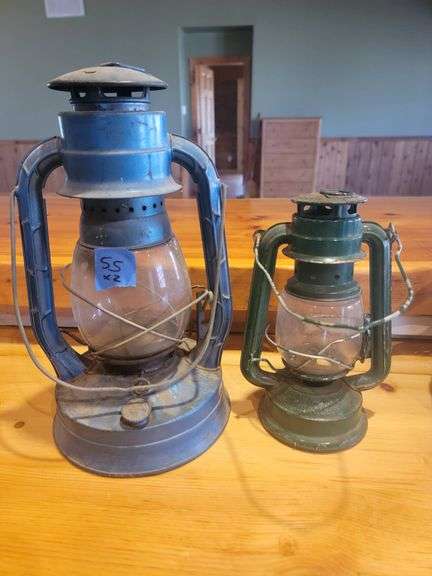 Air Pilot Blue and Lucky Brand Green Kerosene Lanterns with Glass Globes, (blue globe broken)