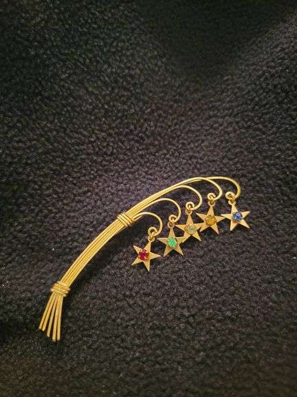 Low Carat Gold Pin with Star Charms and Colored Stones, 1880-1940
