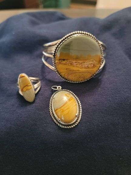 Sterling Silver Jewelry Trio with Picture Agate – Bracelet, Pendant, and Ring (Size 6), handmade qua
