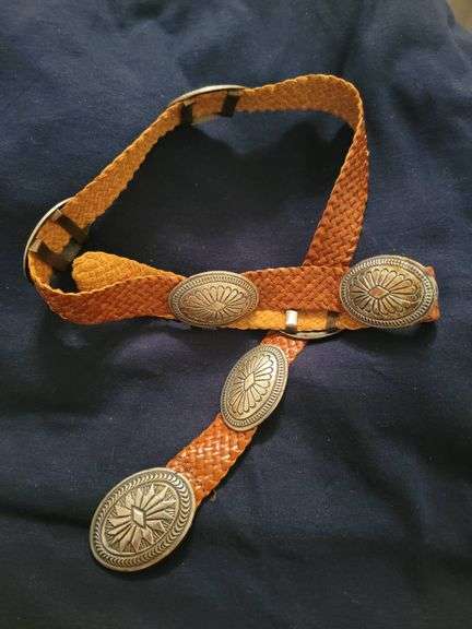 Woven Leather high quality, hand stamped Concho Belt/hat band with Silver conchos , 142.6 g