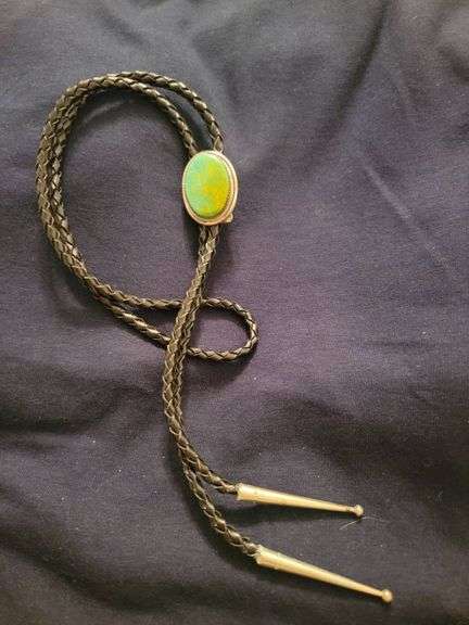 Braided Leather Bolo Tie with Opal-Style Oval Slide and Metal Tips