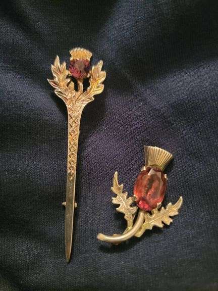 Gold-Colored Thistle Brooch and Stick Pin with Red Gemstones