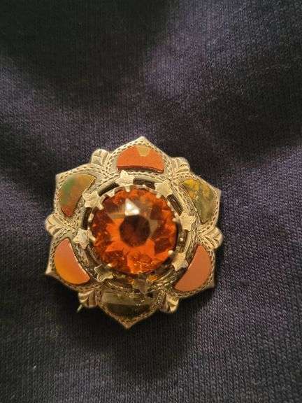Scottish Agate Brooch with Citrine Center, Sterling, Circa 1900s, 8.6 g