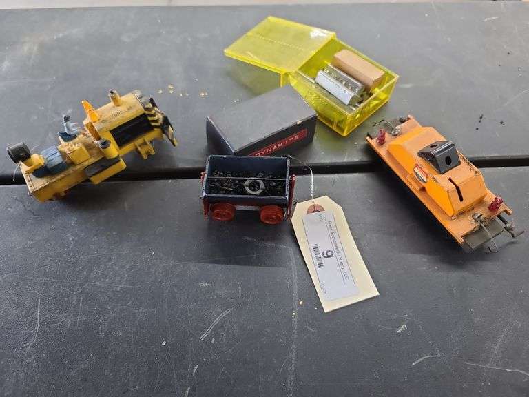 American Flyer Hand Car(Missing Parts), Vintage Caterpillar Track Repair Machine, Homemade Wooden Coal Dump Car And Bin of parts