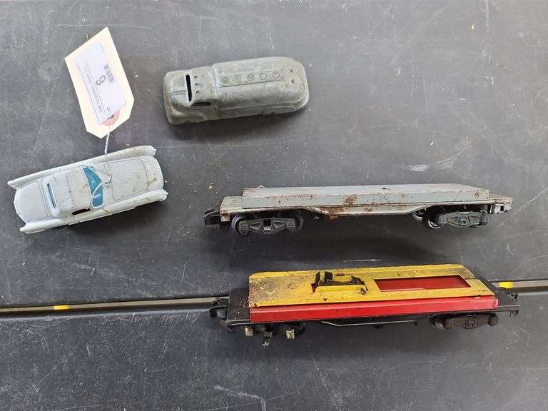 Vintage American Flyer Unloading Cars (Untested) and Two Vintage Toy Cars
