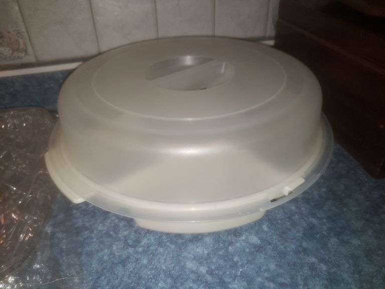 2 Trays, Cake Platter, Assorted Tupperware, And Wooden Platter