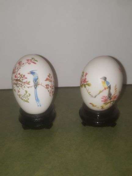 2 Vintage Chinese Handpainted Eggs With Wooden Stands