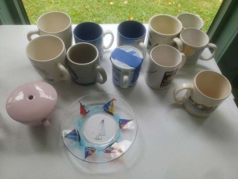 12 Assorted Mugs And Sailboat Plate