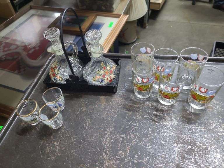 German Glasses, Oil And Vinegar Tray, And Small Glasses