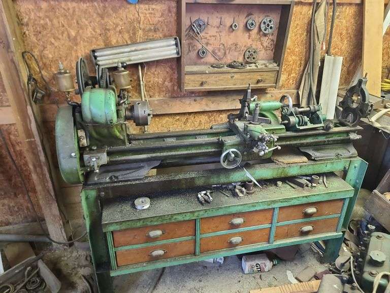 Atlas Lathe, Approx. 4½ft x 4ft x 16in. Includes Six drawers and Contents And Wall Cabinet and Contents, Very Heavy, Bring Help