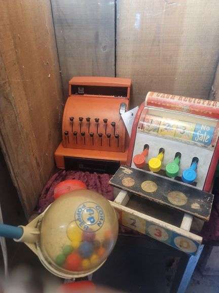 Vintage Fisher Price Pop Corn Popper, Cash Register & Little Learners Metal Cash Register