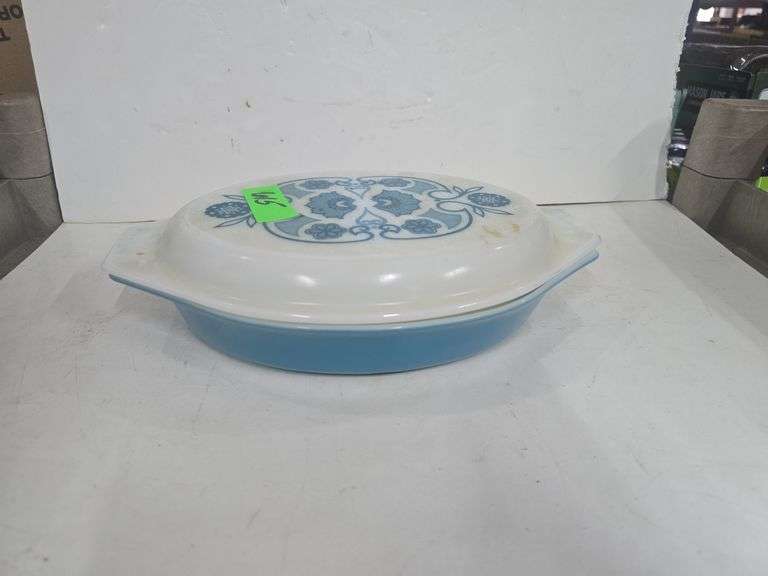 Vintage Pyrex Blue Horizon Oval Divided Casserole Dish With Lid