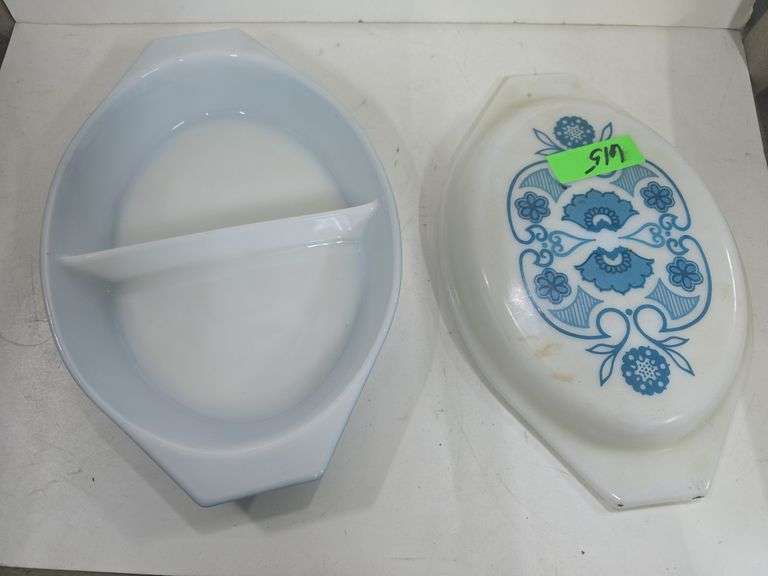 Vintage Pyrex Blue Horizon Oval Divided Casserole Dish With Lid