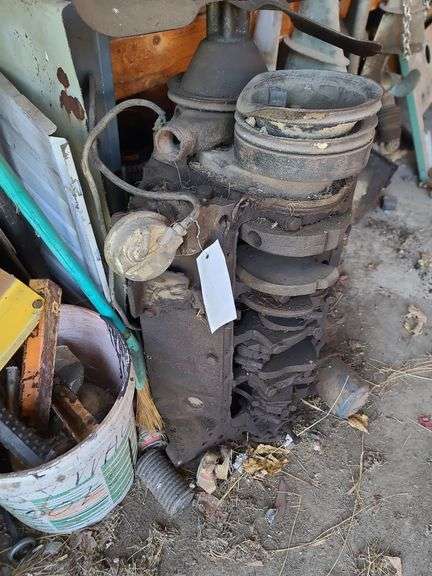 Small Block Chevy (Believed to be 327), Contents Only of Two Shelves of Assorted Engine Parts and One Shelf with Oil Pan