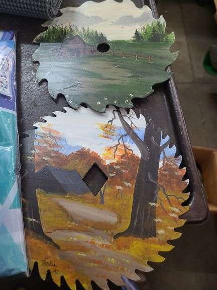 2 Boxes Of Office Supplies, Shelf Liner, Size 6 Crocs, Cash Drawer, Shower Curtain, And Painted Saw Blades