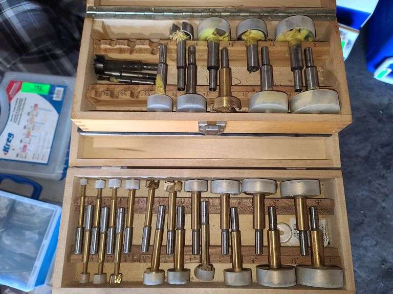 Two Incomplete Sets of Forstner Bits in Wooden Cases
