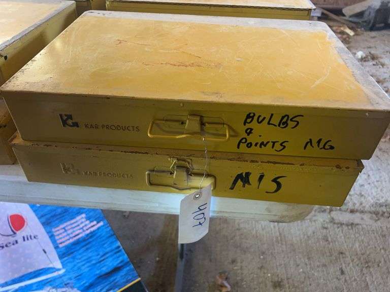 Metal Boxes Containing Bulbs and Ignition Points and an Assortment of Glass Fuses and Shop Hardware