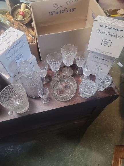 Wm Dalton Crystal Wine Glasses in Boxes, Crystal Candy Dish, Cream & Sugar