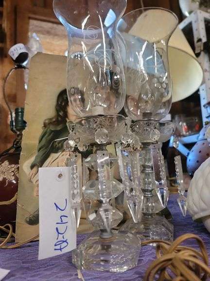 Vintage Etched Glass Hurricane Lamps With Crystal Prisms.