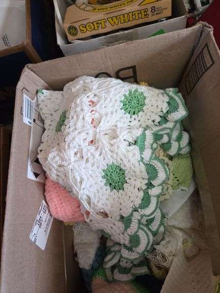 Box Of Hand Made Crochet Pot Holders & Lace Doilies