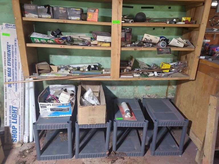 4 Plastic Shelving Sections, Headlights, PVC Pipe, Copper Pipe, And Ballcocks