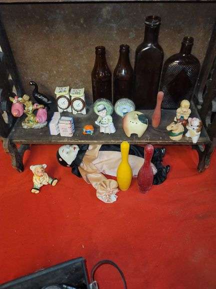4 Shelves Of Salt and Pepper Shakers, Pins, Doll