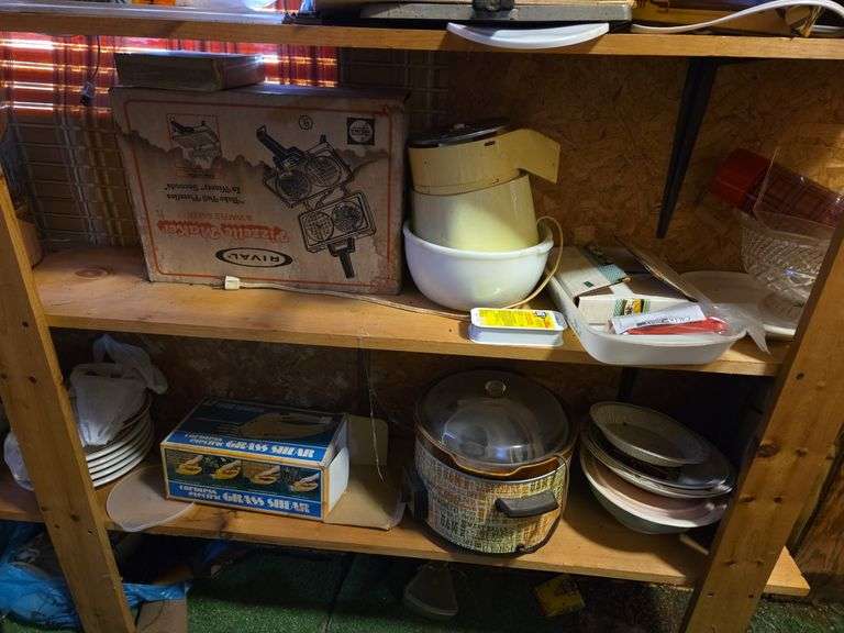 Bottom 2 Shelves & Contents, Slow Cooker,Waffle Maker,Plates,Bowls,Shear