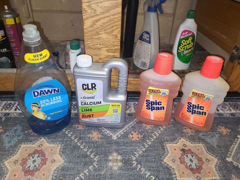 Partial Bottles Of Spic And Span, Lime Remover, Dawn, And Glass Cleaner