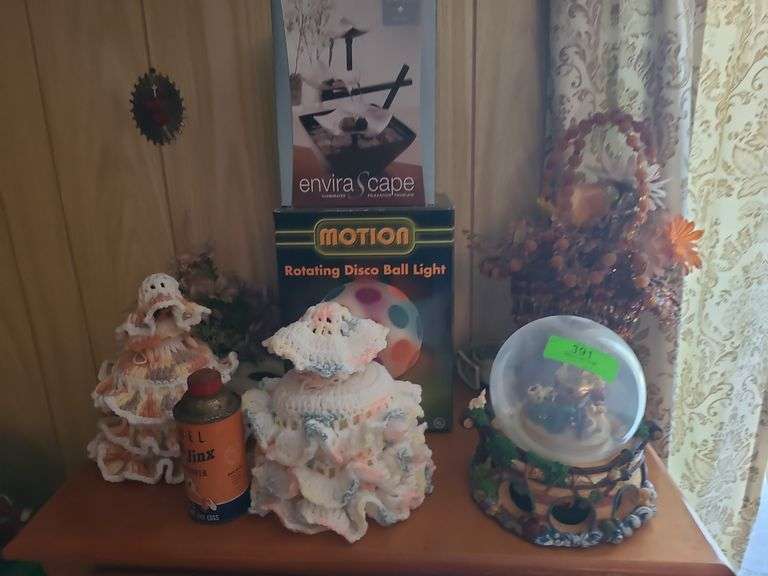 Snow Globe, Crocheted Dolls, Disco Ball, And Decor