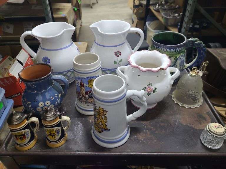 2 Totes Of Pitchers, Steins, And Glasses