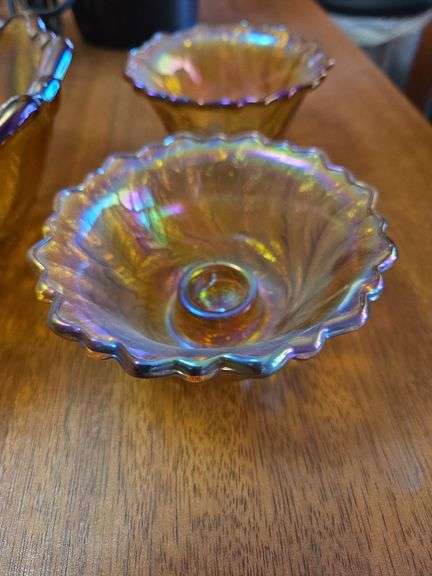 3 Pc. Vtg Iridescent Amber Art Glass Flower Bowl Candy Nut Fruit Dish