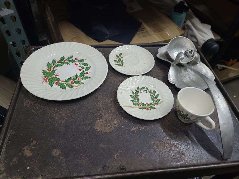 2 Boxes Of 16 Pc. Festive Dish Set, Glasses, And Metal Trays
