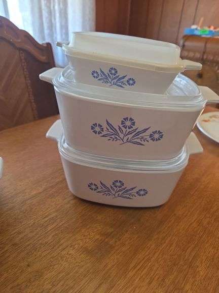 7 Vintage CorningWare Casserole Dish Featuring The "Blue Cornflower" Pattern.