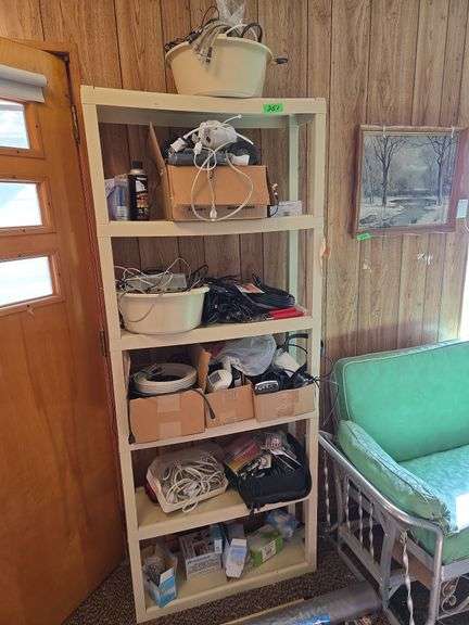 6 Shelf Shelving Unit & Contents, Cables,Extension Cords, Sercurity Cameras