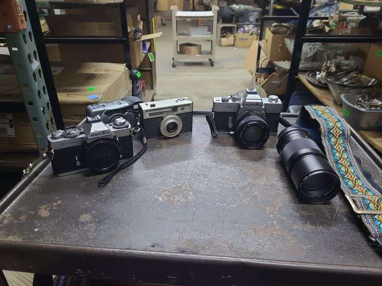 Assorted Cameras And 2 Leather Bags