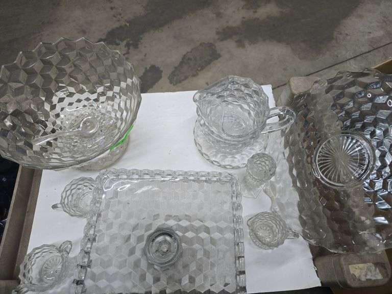 Vintage Fostoria, Punch Bowl, Pitcher, Pedestal, Serving Tray, Creamer and Sugar Bowl