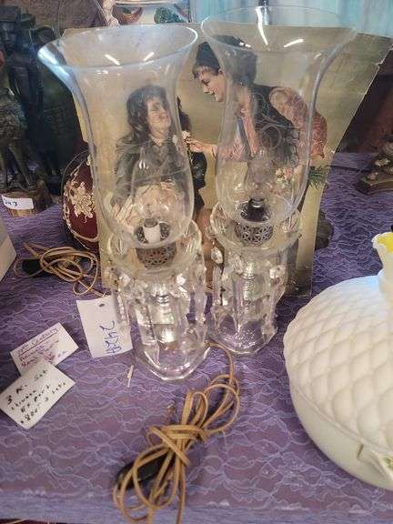 Vintage Etched Glass Hurricane Lamps With Crystal Prisms.