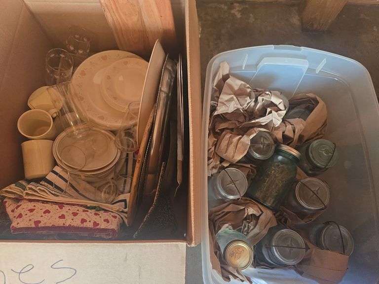 2 Boxes Vintage Mason Jars, Corelle Corning Set, Various Dishes