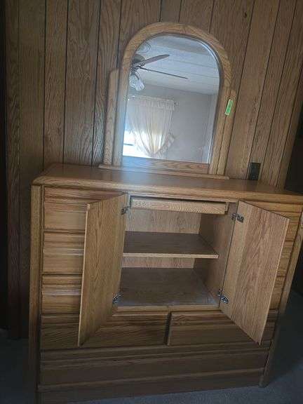 2 Pc Bedroom Set Full/Double Size Head Board With Storage, 9 Drawer Dresser with Shelves and Mirror