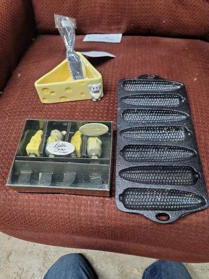 James Locke Jeweler Cheese Tray, Spread Set, Old Mountain Cast Iron Corn Bead Pan, Large Cheese Spead Knife