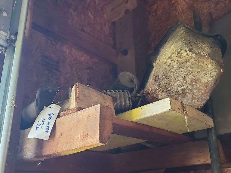 Small Block Chevy (Believed to be 327), Contents Only of Two Shelves of Assorted Engine Parts and One Shelf with Oil Pan