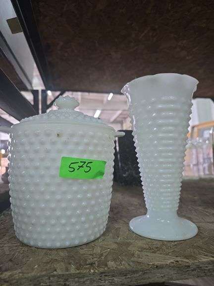 White Hobnail Milk Glass Vase, Cookie Jar