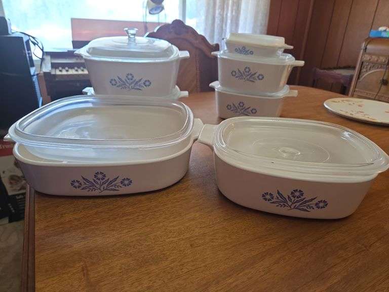 7 Vintage CorningWare Casserole Dish Featuring The "Blue Cornflower" Pattern.