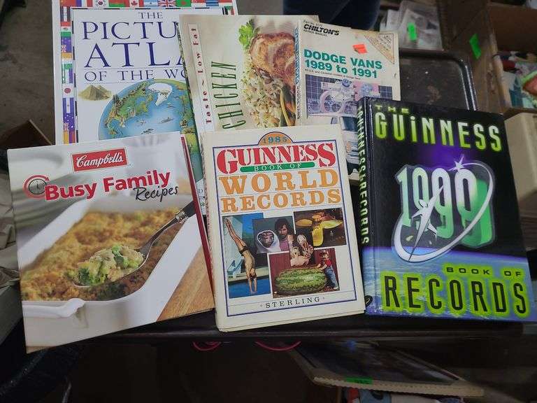 2 Boxes Of Assorted Books, Kid's Books, Guinness World Records, And Guitar Books