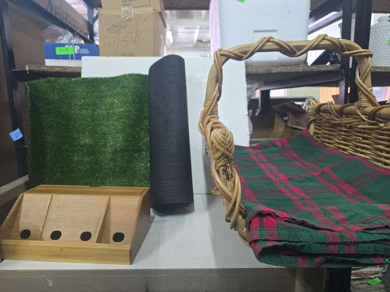 Cellphone Charging Station, Log Carrying Wicker Basket, Artificial Grass Rug
