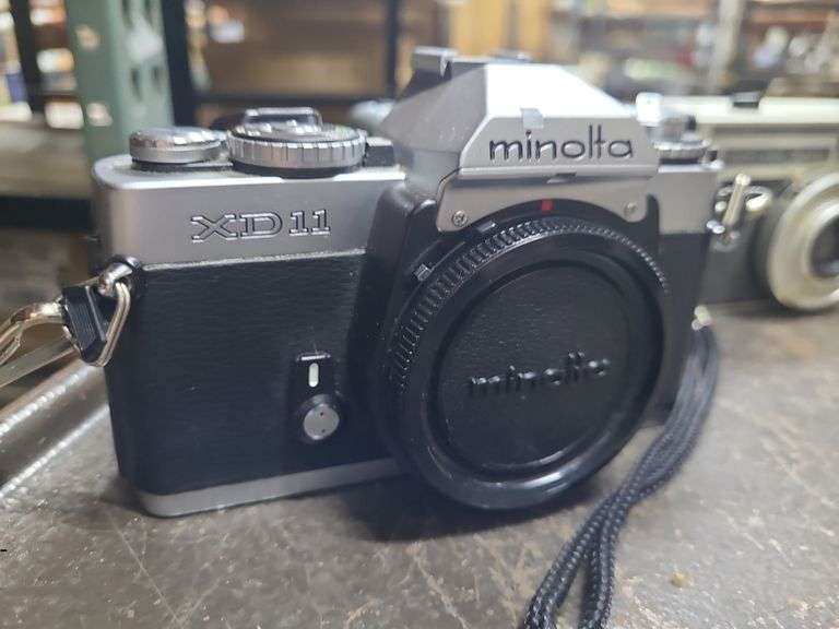 Assorted Cameras And 2 Leather Bags