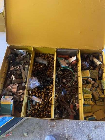 Metal Boxes Containing Bulbs and Ignition Points and an Assortment of Glass Fuses and Shop Hardware