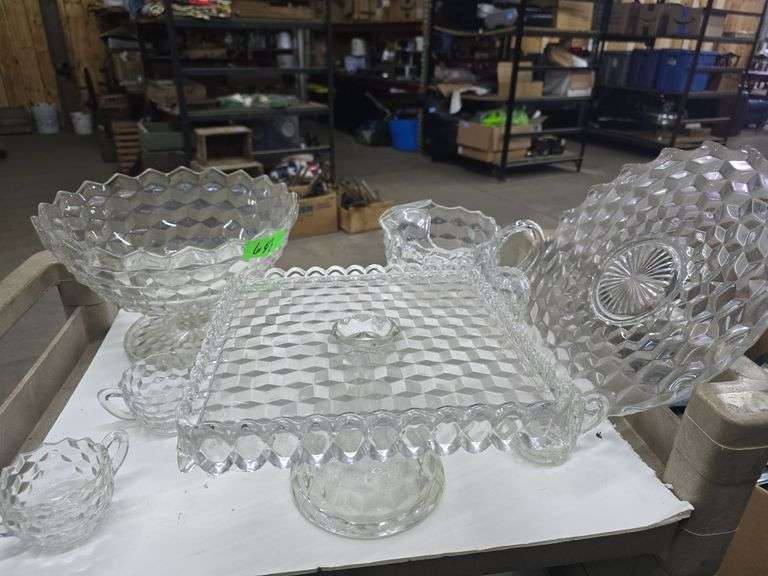 Vintage Fostoria, Punch Bowl, Pitcher, Pedestal, Serving Tray, Creamer and Sugar Bowl