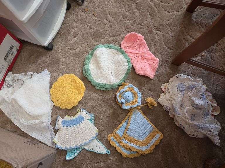 Box Of Hand Made Crochet Pot Holders & Lace Doilies