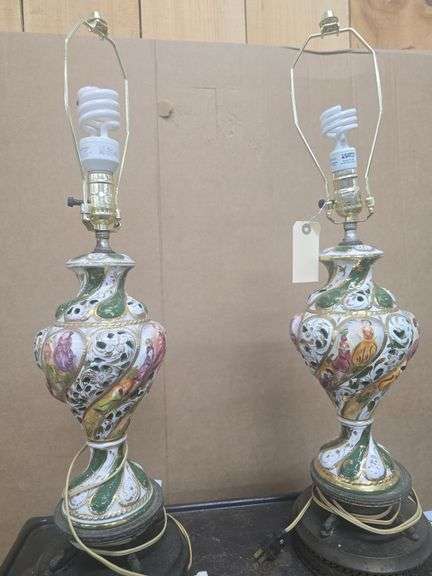 2 Beautiful Mid Century Capodimonte, Porcelain, Hand Painted Table Lamps with Shades